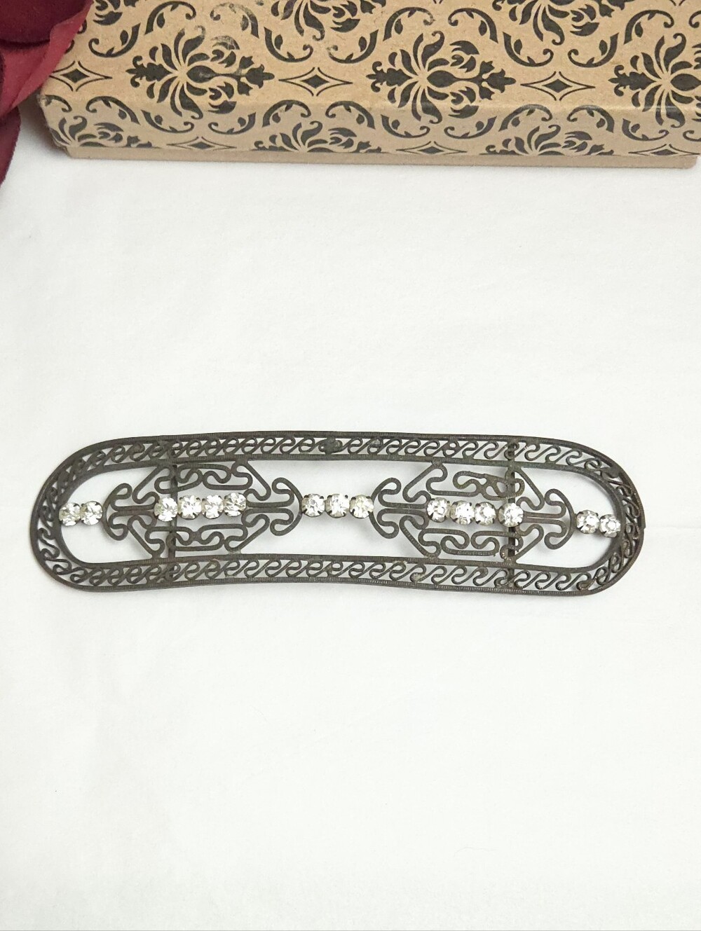 Vintage Blacked Brass Filigree Crystal Belt Slider Buckle Antique or Vintage?!